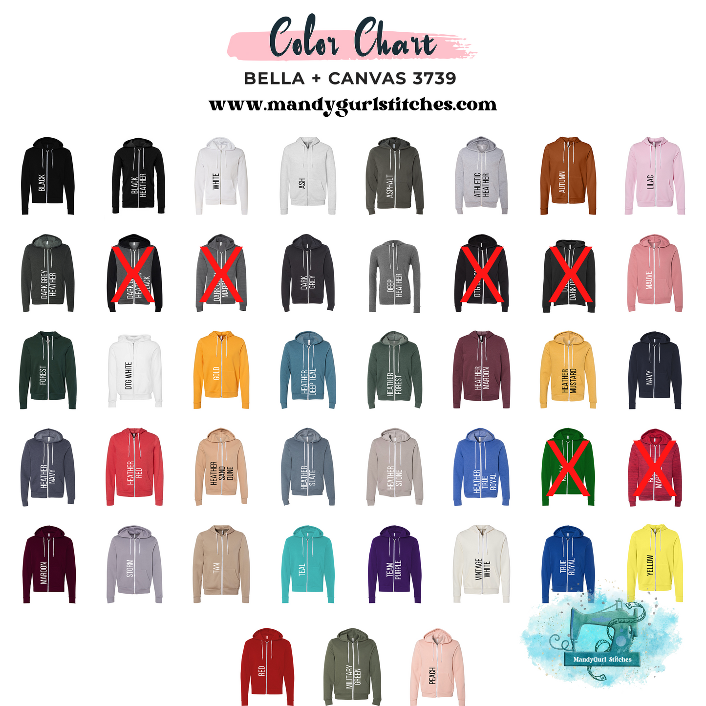 Adult Zip-Up Hoodie Sizing and Colors