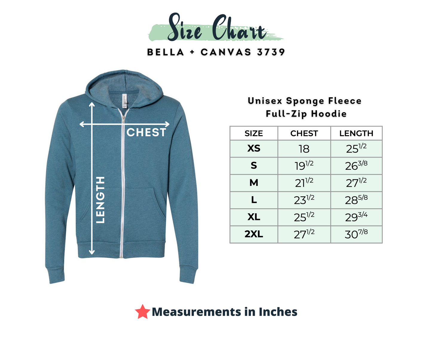 Adult Zip-Up Hoodie Sizing and Colors