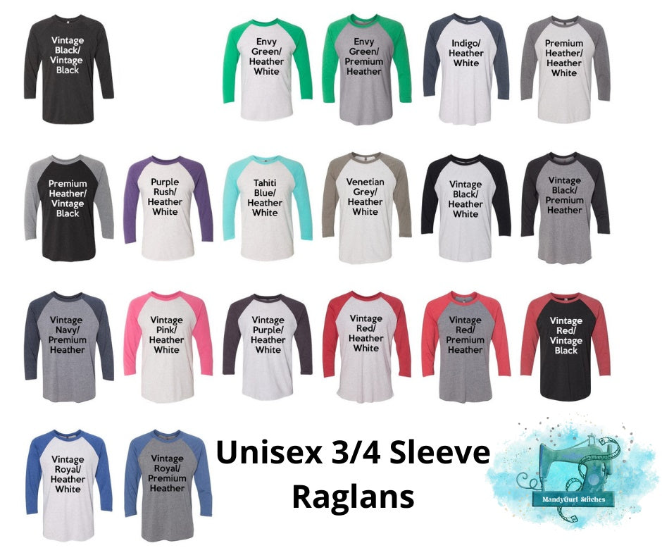 Unisex 3/4 Sleeve Raglan Sizing and Colors