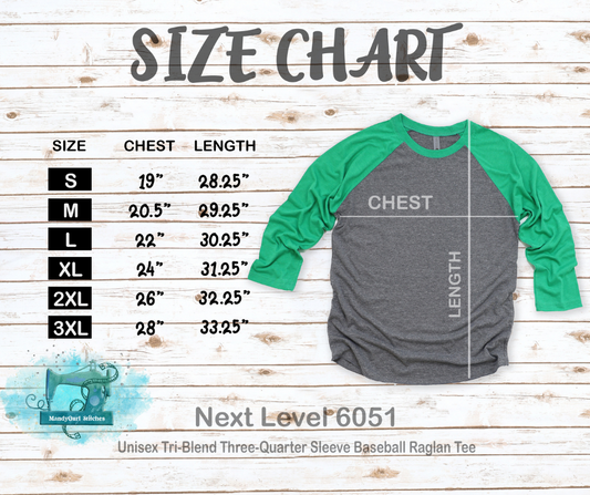 Unisex 3/4 Sleeve Raglan Sizing and Colors