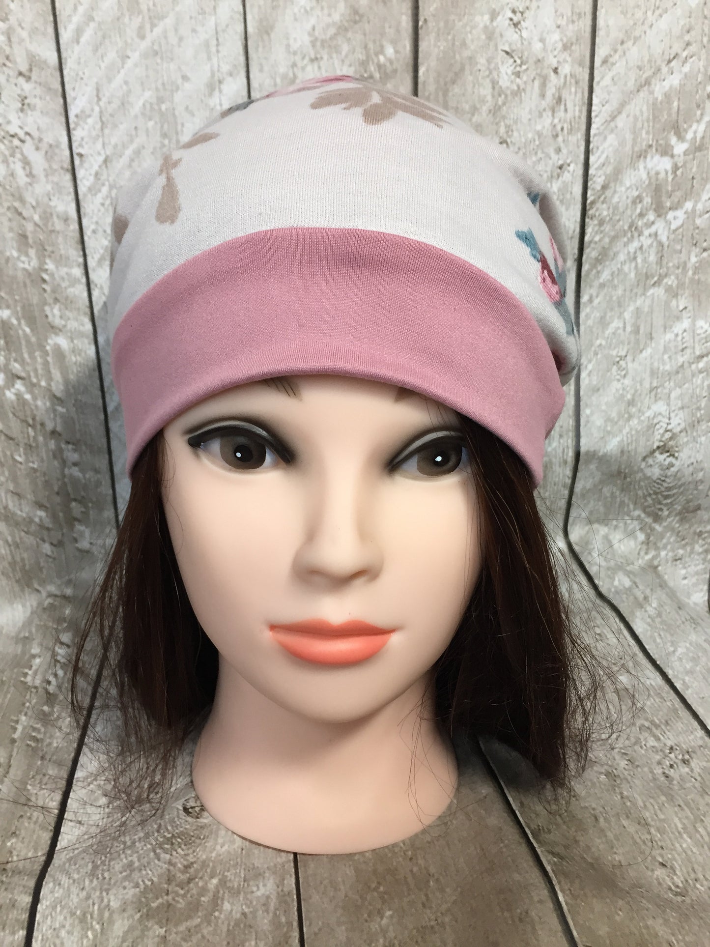 Mauve & Beige Floral Slouchy Beanie with Pom Pom