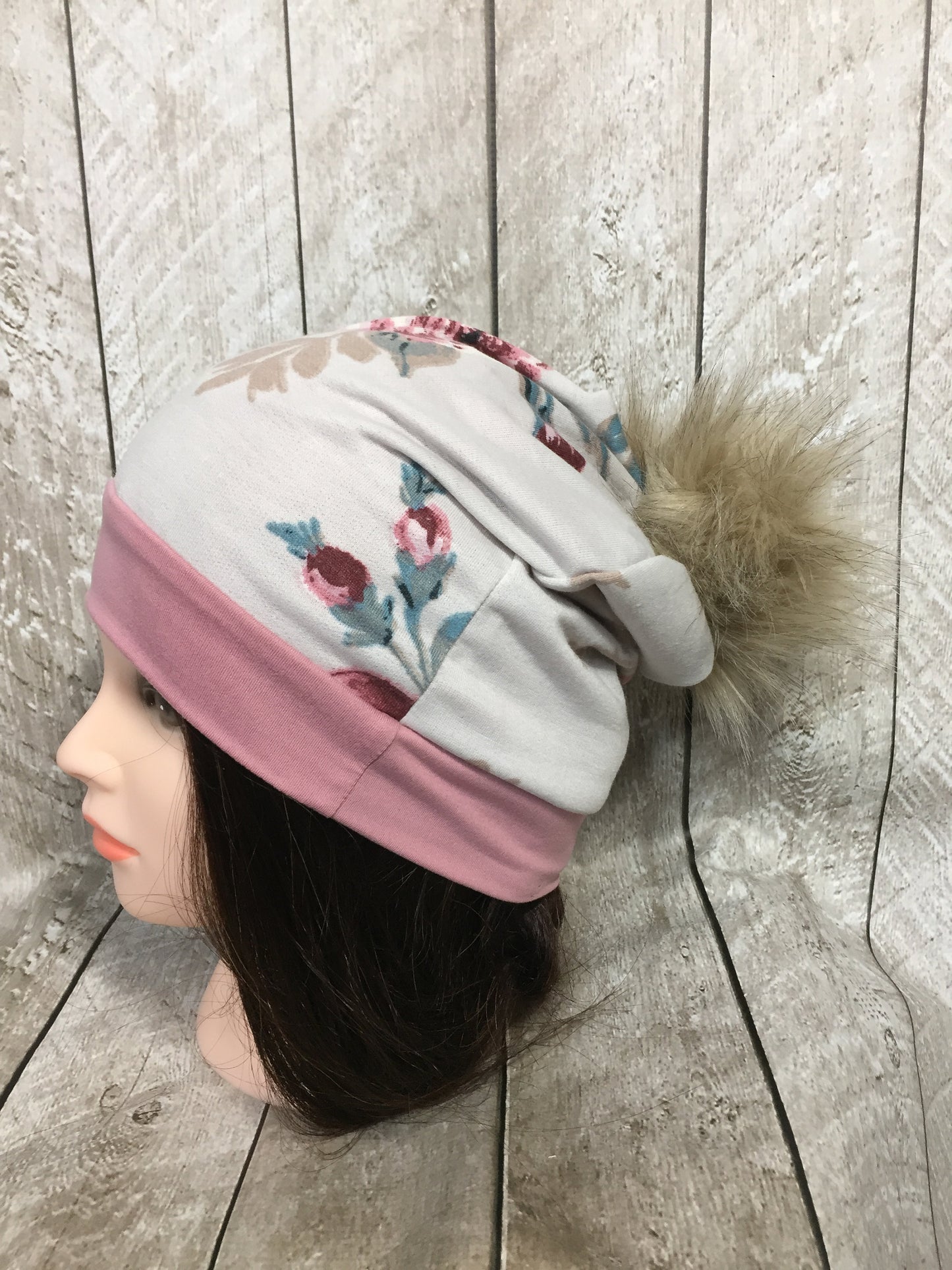 Mauve & Beige Floral Slouchy Beanie with Pom Pom