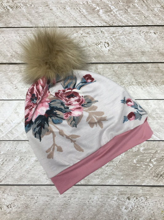 Mauve & Beige Floral Slouchy Beanie with Pom Pom