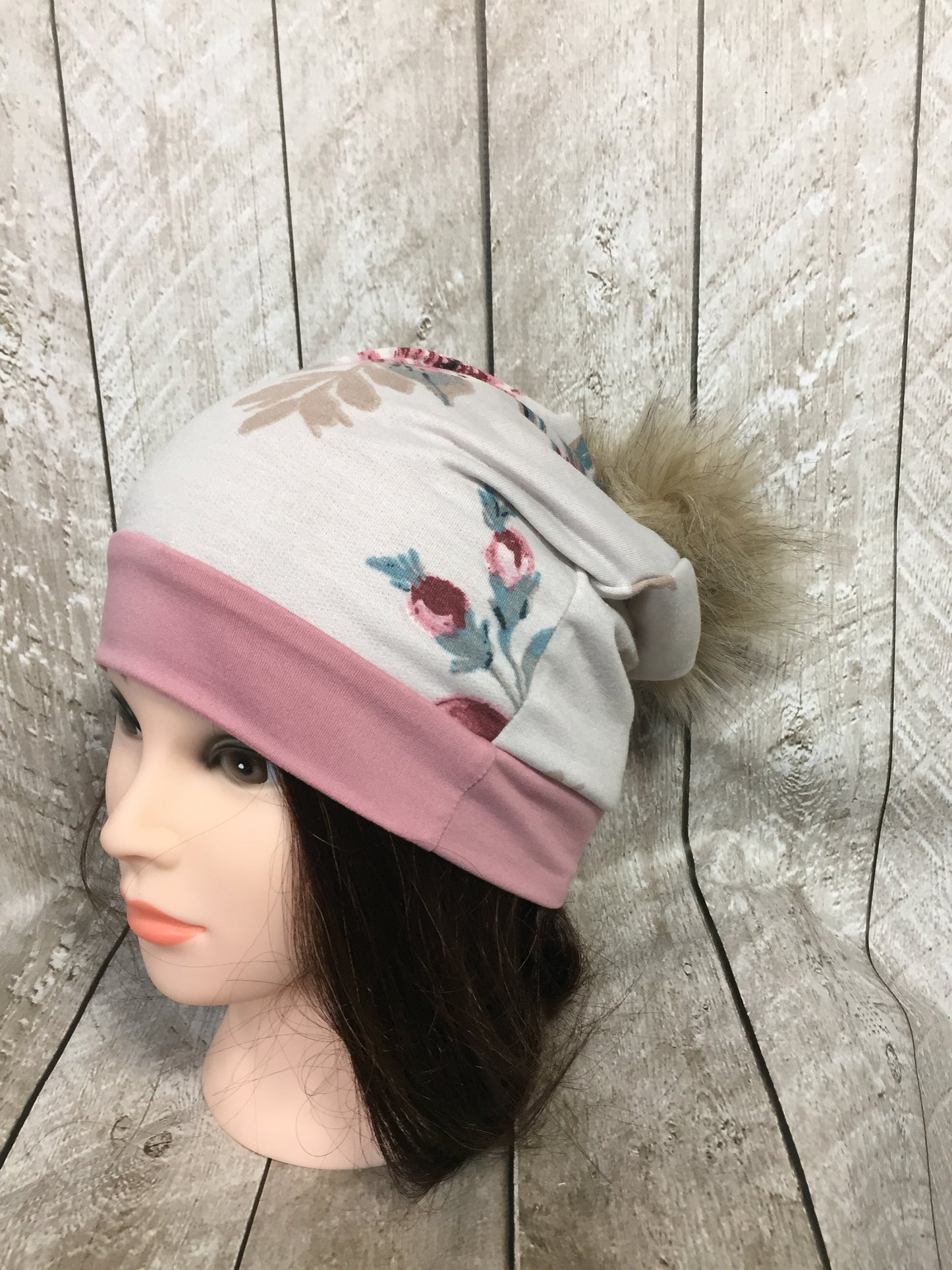 Mauve & Beige Floral Slouchy Beanie with Pom Pom